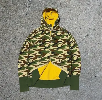 챔피온 카모플라주 더블 지퍼 후드티 크롭 M