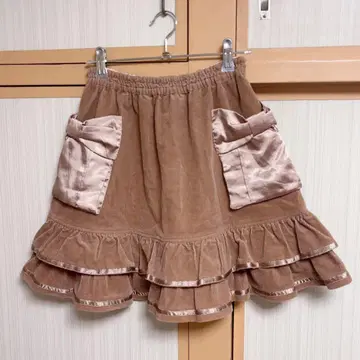 브라운 모리걸 벨로아 2단 프릴 스커트 리본 포켓 위시코어