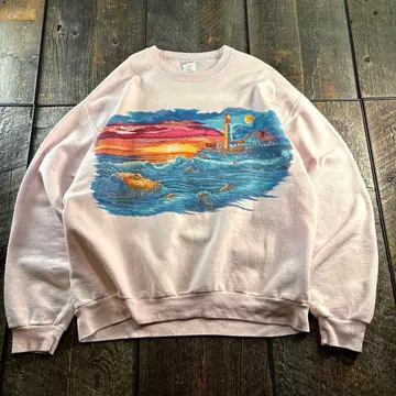 구제 의류 90s 멕시코제 맨투맨 저지 핑크 L 아트 프린트