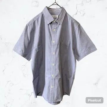 J562 나노 유니버스 반팔 셔츠 L 면린넨 혼방 블루 버튼다운