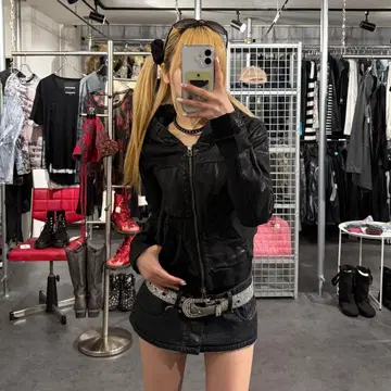 다크 코어 집업 가죽 후드티 짧은 기장 leather 후드
