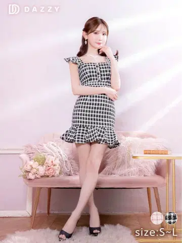 트위드 체크 펄 버튼 비쥬 프릴 소매 머메이드 미니 드레스