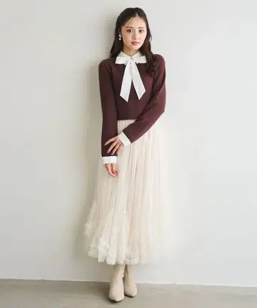 LILLIAN CARAT 헤 프릴 튤 플레어 스커트 아이보리