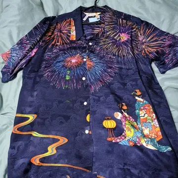 화려악단 불꽃놀이와 기모노의 하와이안 셔츠 XL 소재 실크