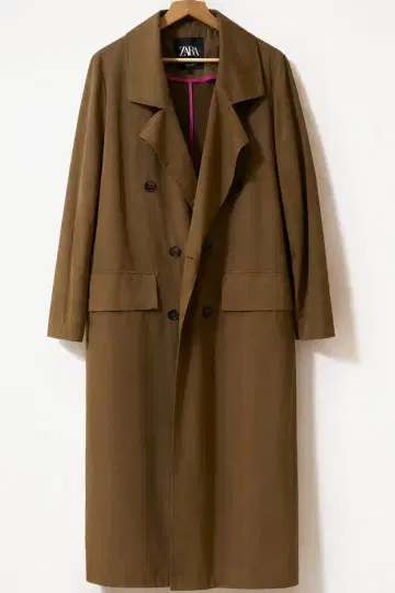 [ ZARA ] 롱 트렌치코트 브라운 안감 핑크 파이핑 디자인 레어