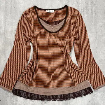 모리걸 레이어드 스타일 티셔츠 보더 레이스 도트 오렌지 브라운