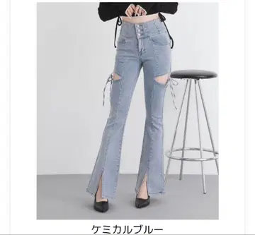 택 포함 DearMyLove 슬릿 컷 아웃 리본 플레어 데님