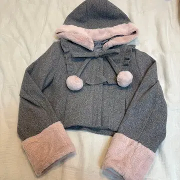 pium 퍼 리본 요크 프릴 숏코트 그레이