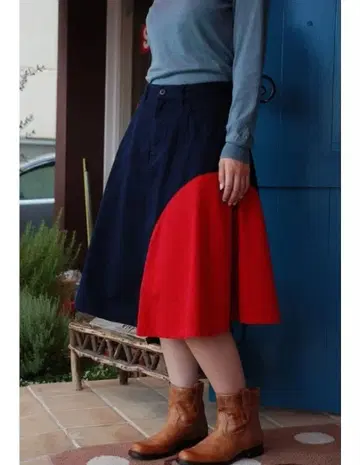 뷔르데사봉 치노 패치워크 서큘러 스커트 F 코튼 봄 빨간색 네이비