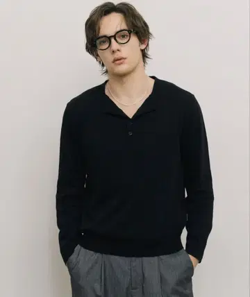 LURAKU 하이 게이지 컴팩트 헨리넥 니트 블랙 L