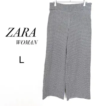 자라 와이드 팬츠 체크 무늬 M 사이드 지퍼 센터 프레스 하이웨스트