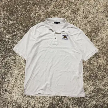 빈티지 반팔 피케 셔츠 화이트 L 자수 골프 럭비 패턴 스포티