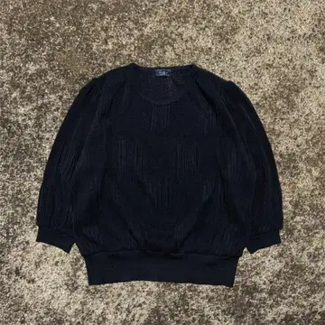 쇼와 레트로 모던 니트탑 블랙 리브 퍼프 소매 시스루