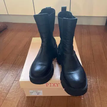 PIXY 블랙 사이드 고어 부츠 통굽 천연 가죽 블랙 부츠