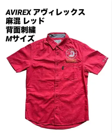 AVIREX 아비렉스 반팔 셔츠 마 혼방 레드 뒷면 자수 M 사이즈