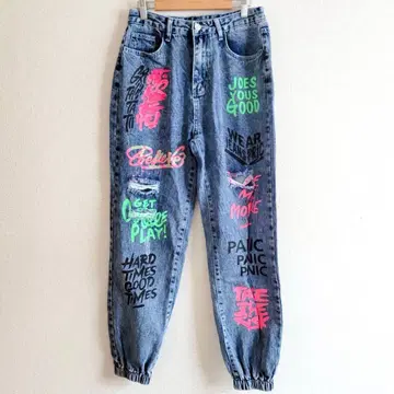 쉬인 팬츠 그래피티 프린트 밑단 조임 하이라이즈 블루 S 하의