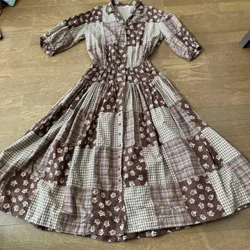 핑크하우스 브라운 계열 체크 꽃무늬 패치워크 롱 원피스