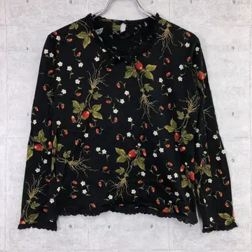 레트로 컨트리 구제 의류 이치고 프린트 레이스 트리밍 리본 상의