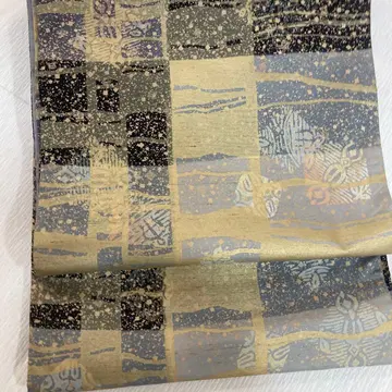 우시쿠비츠무기 수직 후쿠로 오비 파랑 금 순수 실크