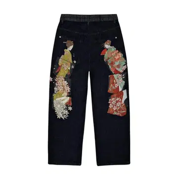 Y2K 하라주쿠풍 벚꽃 자수 배기 팬츠