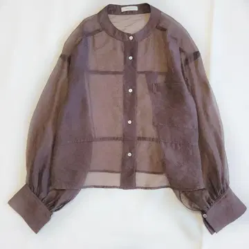 에이미 로우 주름 가공 시어 블라우스 M 브라운 노카라 긴팔 볼륨 소매