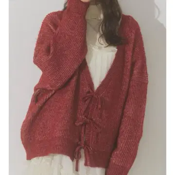 merry jenny V넥 리본 가디건 빨간색