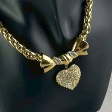 [ 미사용 ] 니나리치 하트 모티브 큐빅 리본 목걸이 금