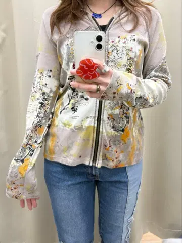 Y2k 꽃무늬 아트 프린트 후드 부착 후드티