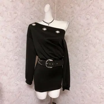 헤이세이 갸루 Y2K 블랙 미니 원피스 (메탈 버튼 포함) 벨트 포함