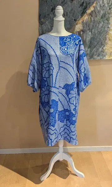 순수 실크 총 시보리 후리소데 파랑 기모노 리메이크 풀오버 원피스