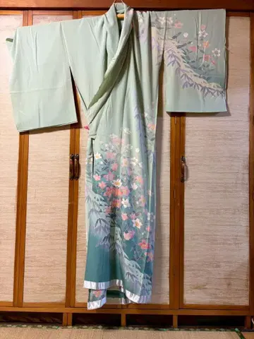 호몬기 그린지 꽃 올 패턴 순수 실크 크레이프 원단 가봉