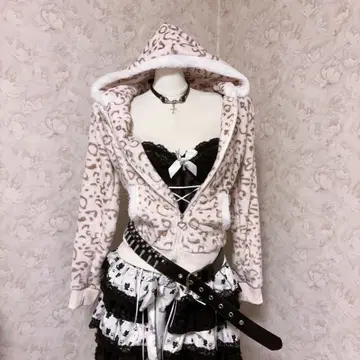 헤이세이 갸루 Y2K 레오파드 무늬 플리스 후드티 그런지