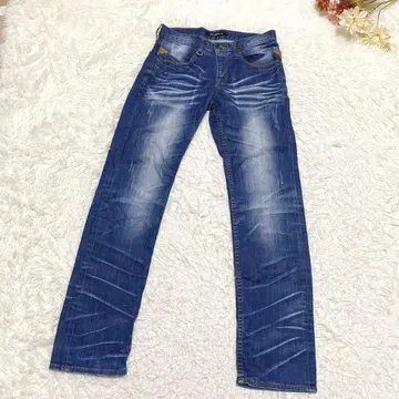 s.2572 스트레이트 데님 청바지 데미지 주름 가공 블루 S