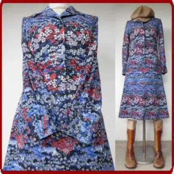 쇼와 레트로 꽃무늬 긴팔 무릎 기장 원피스