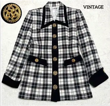 빈티지 트위드 자켓 체크 골드 버튼 일본제 M 사이즈