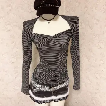 헤이세이 갸루 Y2K 스트라이프 오프숄더 긴팔 상의 그런지 인기