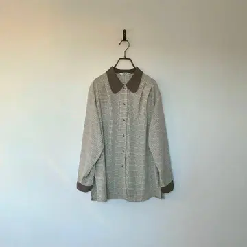 빈티지 일본제 둥근 카라 블라우스 턱 그렌 체크 셔츠 레트로 L 브라운