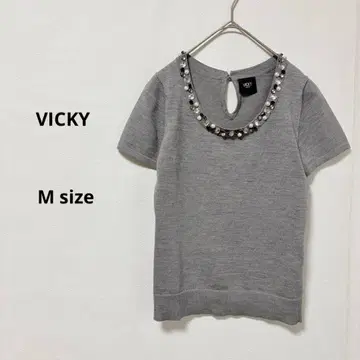 VICKY 비키 울 블렌드 반팔 니트 M 그레이 비쥬 장식