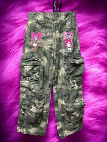 리메이크 페인트 유틸리티 카고 카모플라주 봉제 인형 y2k 갸루