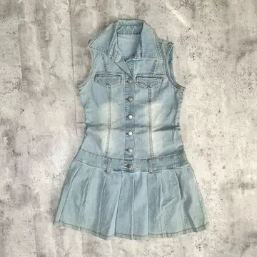 Y2K 헤이세이 갸루 데님 원피스 슬리브리스 플리츠 미니 기장