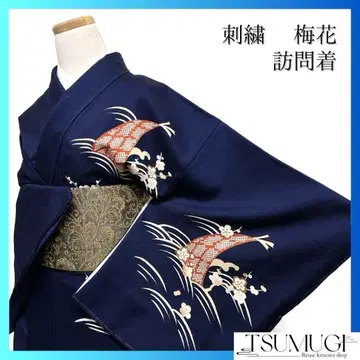 호몬기 자수 매화 사슴 무늬 파도 무늬 네이비 기모노 094b p