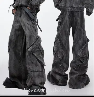 Argue Culture 와이드 데님 카고 팬츠 청바지 워시드