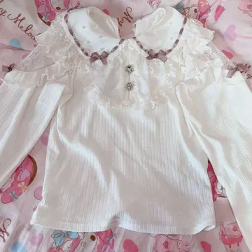 NOEMIE 아가씨 리본 펄 프릴 요크 티셔츠