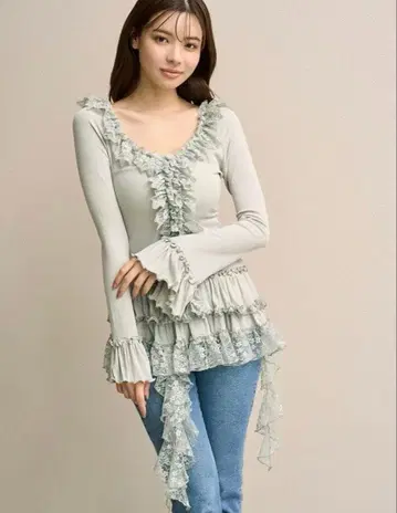 SNIDEL 티어드 프릴 티셔츠 풀오버 MNT 민트 그린