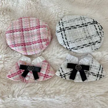 10~12cm 인형 옷 트위드 4점 2세트 베레모 체크 판초