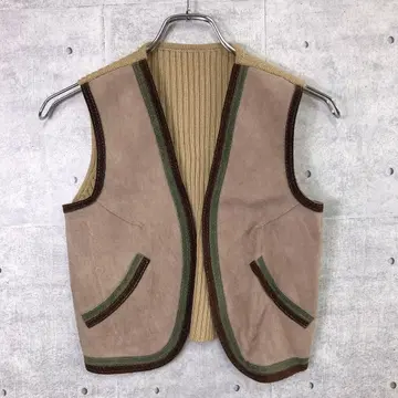 레트로 보헤미안 히피 구제 의류 컬러 라인 소가죽 니트 절개 베스트