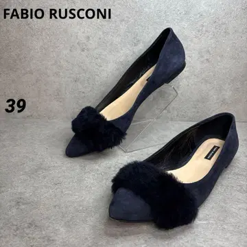 새상품급 FABIO RUSCONI 퍼 플랫 발레 슈즈 스웨이드 네이비