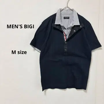 MEN'S BIGI 남성용 페이크 레이어드 피케 셔츠 M 네이비