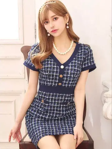 네이비 트위드 드레스 체크 무늬 캬바쿠라걸 드레스