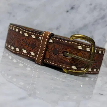 빈티지 천연 가죽 두꺼운 스티치 카빙 브라운 가죽 꽃무늬 벨트